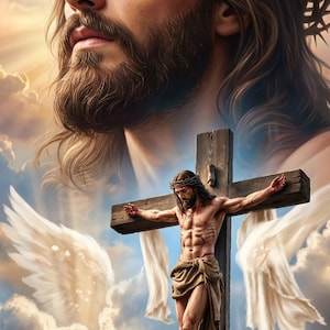 May include: A depiction of a figure with long brown hair and a beard wearing a crown of thorns, positioned above a scene of the same figure on a wooden cross. Large white wings extend from the sides against a cloudy, golden sky background.