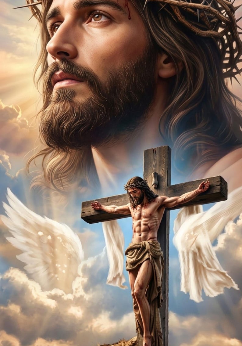 May include: A depiction of a figure with long brown hair and a beard wearing a crown of thorns, positioned above a scene of the same figure on a wooden cross. Large white wings extend from the sides against a cloudy, golden sky background.