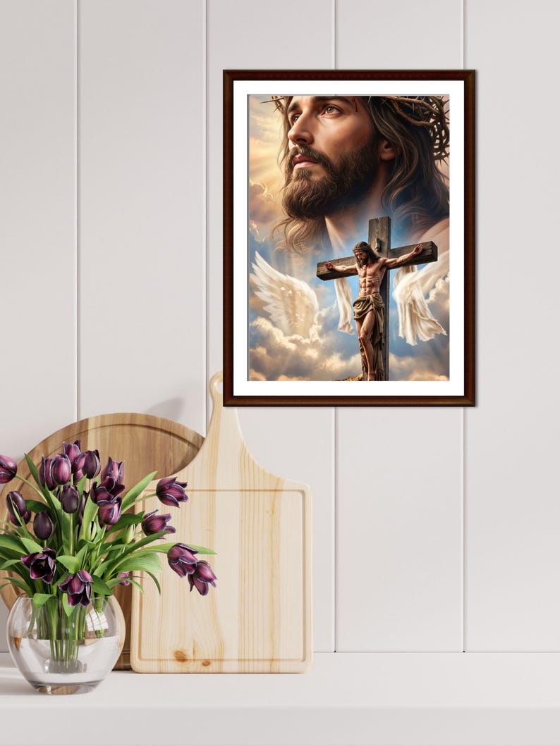May include: A framed wall art print featuring a large, detailed portrait of a bearded man with a crown of thorns, positioned above a smaller depiction of a figure on a wooden cross against a backdrop of clouds, bright light, and white wings.