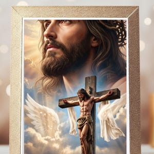 May include: A framed wall art print featuring a large, ethereal portrait of a bearded figure with a crown of thorns, layered over a scene of the same figure on a wooden cross against a cloudy sky with white wings extending from the sides.