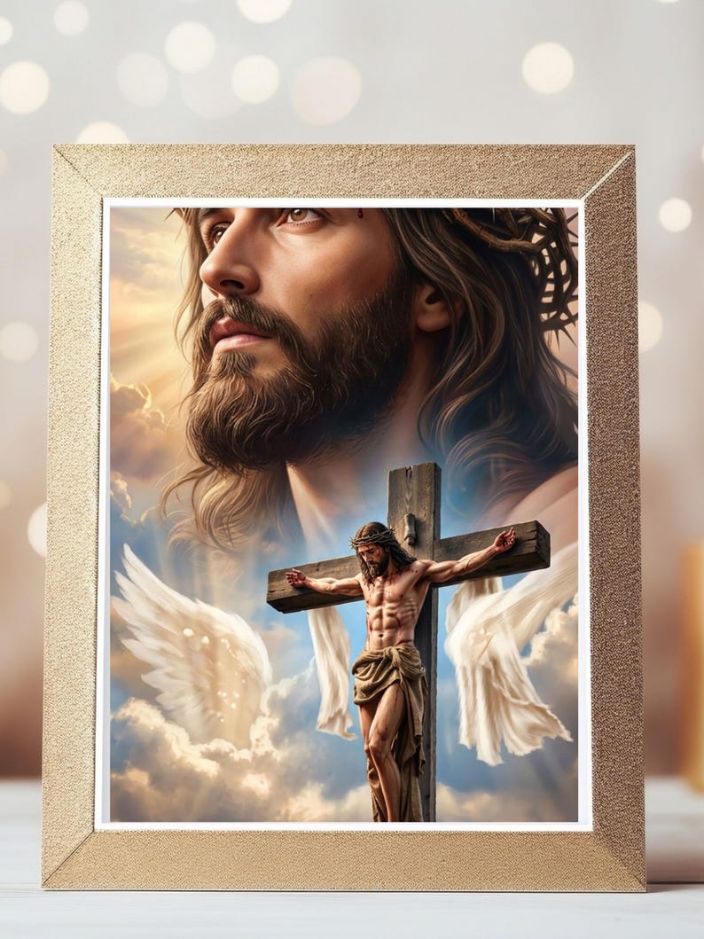 May include: A framed wall art print featuring a large, ethereal portrait of a bearded figure with a crown of thorns, layered over a scene of the same figure on a wooden cross against a cloudy sky with white wings extending from the sides.