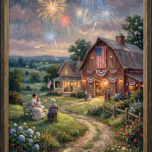 Peut inclure: Une peinture encadrée représentant un paysage rural au crépuscule avec des feux d'artifice dans le ciel. Une grange rustique décorée de guirlandes aux couleurs du drapeau américain se trouve près d'une maison. Des gens sont rassemblés.