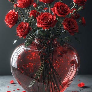 May include: A heart-shaped, red glass vase filled with vibrant red roses. The vase sits on a textured surface, with scattered rose petals adding to the romantic ambiance. The dark background enhances the vivid colors.