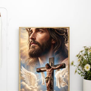 May include: A rectangular wall art print featuring a large, detailed portrait of a man with long brown hair and a beard wearing a crown of thorns, positioned above a smaller depiction of the same figure on a wooden cross with white wings.
