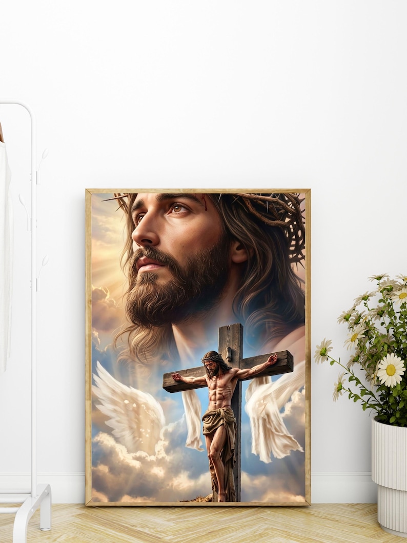 May include: A rectangular wall art print featuring a large, detailed portrait of a man with long brown hair and a beard wearing a crown of thorns, positioned above a smaller depiction of the same figure on a wooden cross with white wings.