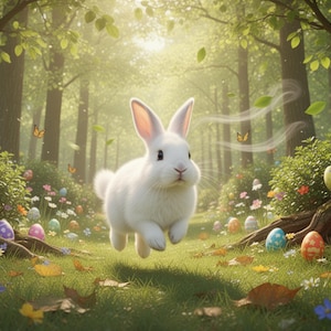 May include: A white rabbit leaps through a sunlit forest scene. Colourful Easter eggs are scattered on the grass among flowers and fallen leaves. Butterflies flutter around the rabbit, creating a whimsical spring image.
