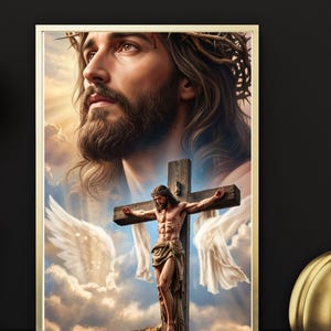 May include: A framed vertical wall art print featuring a large, detailed portrait of a man with a beard and a crown of thorns, positioned above a smaller depiction of the same figure on a wooden cross with white fabric and angel wings.