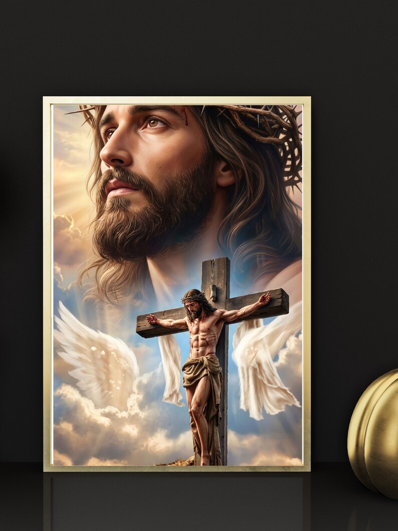 May include: A framed vertical wall art print featuring a large, detailed portrait of a man with a beard and a crown of thorns, positioned above a smaller depiction of the same figure on a wooden cross with white fabric and angel wings.