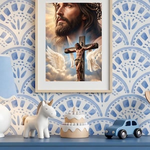 May include: A framed wall art print featuring a large, detailed portrait of Jesus Christ with a crown of thorns above a smaller depiction of Jesus on the cross, surrounded by white angel wings and soft, golden clouds in a bright, ethereal sky.