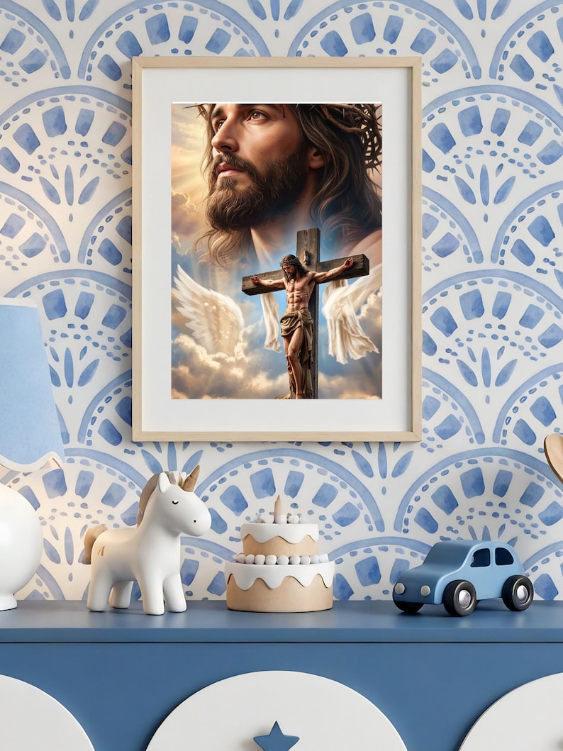 May include: A framed wall art print featuring a large, detailed portrait of Jesus Christ with a crown of thorns above a smaller depiction of Jesus on the cross, surrounded by white angel wings and soft, golden clouds in a bright, ethereal sky.