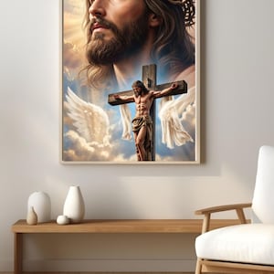May include: A framed wall art print featuring a large, ethereal portrait of a bearded figure with a crown of thorns, positioned above a depiction of a figure on a wooden cross, surrounded by white wings and clouds in a bright, sky-filled scene.