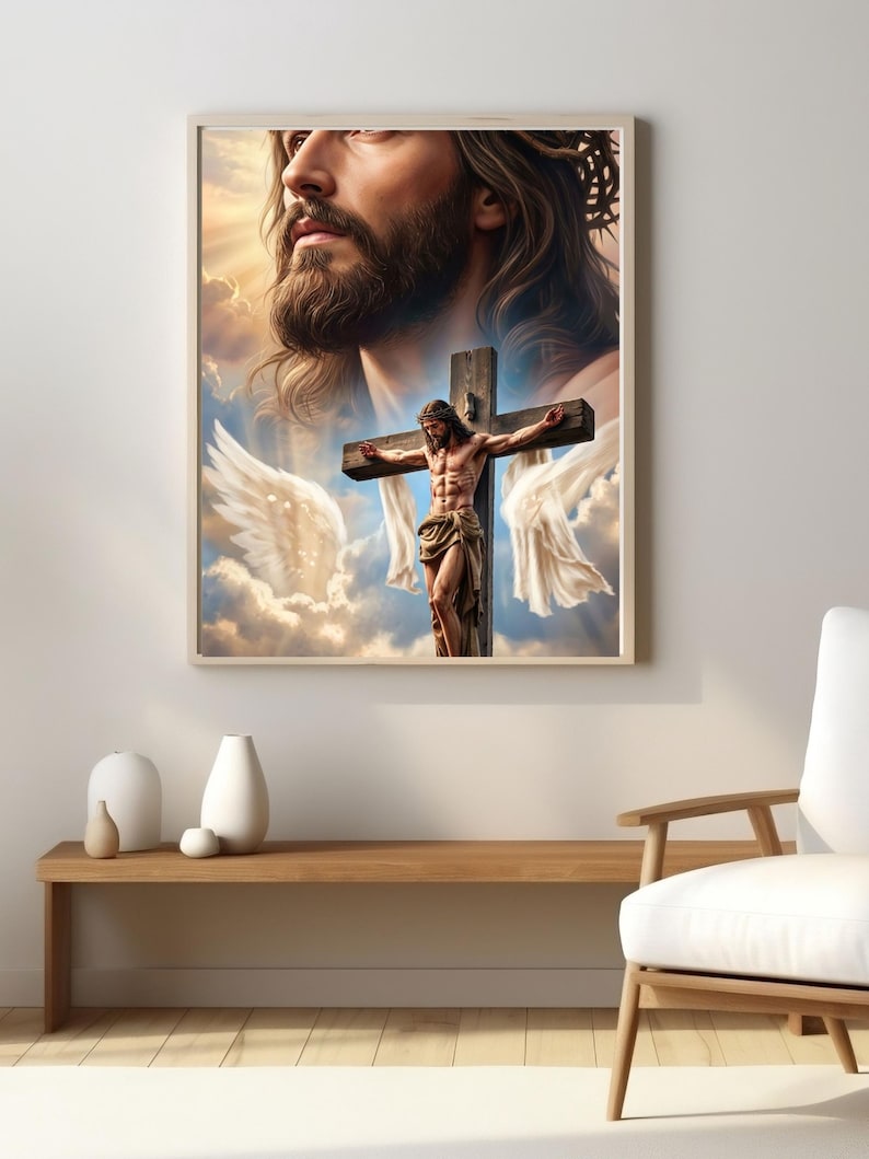 May include: A framed wall art print featuring a large, ethereal portrait of a bearded figure with a crown of thorns, positioned above a depiction of a figure on a wooden cross, surrounded by white wings and clouds in a bright, sky-filled scene.