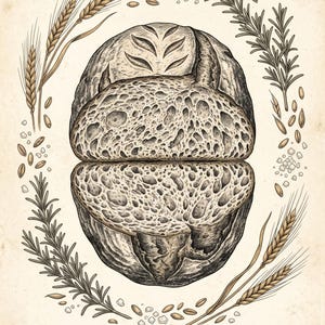 Peut inclure: Une illustration détaillée à l'encre et à l'aquarelle d'un pain au levain tranché, entouré d'une couronne de tiges de blé, de brins de romarin et de grains épars. Le texte SOURDOUGH — the long fermentation est imprimé en bas de l'image.