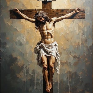 May include: An oil painting depicts a figure on a wooden cross. The figure has long hair and a crown of thorns. The cross is made of rough-hewn wood, and the background is a blend of muted colors.