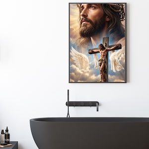 May include: A framed wall art print featuring a large, detailed portrait of a bearded man wearing a crown of thorns, positioned above a smaller depiction of a figure on a wooden cross with white wings against a cloudy, golden sky background.