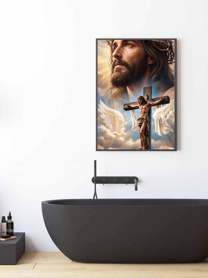 May include: A framed wall art print featuring a large, detailed portrait of a bearded man wearing a crown of thorns, positioned above a smaller depiction of a figure on a wooden cross with white wings against a cloudy, golden sky background.