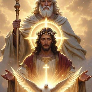 Könnte beinhalten: Digitale Illustration einer religiösen Szene mit drei Figuren. Eine zentrale Figur mit Heiligenschein und Dornenkrone wird von zwei weiteren Figuren flankiert, eine mit Krone und die andere mit einem Kreuz. Eine Taube befindet sich in der Mitte.