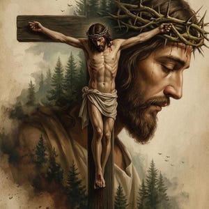 May include: An artistic depiction of the crucifixion of Jesus Christ. The image features a detailed portrayal of Jesus on the cross, wearing a crown of thorns, with a second, larger image of his face in the background. The artwork is set against a backdrop of a forest.