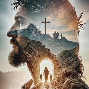 May include: A digital art piece depicting a man's profile with a crown of thorns. Inside the profile, a landscape with crosses and figures is visible. The artwork evokes themes of faith and spirituality, with a warm, ethereal color palette.