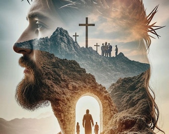 Sacred Resurrection Double Exposure Art, Jesus Profile & Calvary Hill Wall Decor. ( Digital Download )