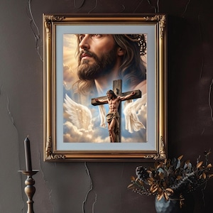 May include: A framed wall art print featuring a large, ethereal portrait of a bearded man with long hair and a crown of thorns, positioned above a smaller depiction of a figure on a wooden cross against a cloudy sky with white wings.
