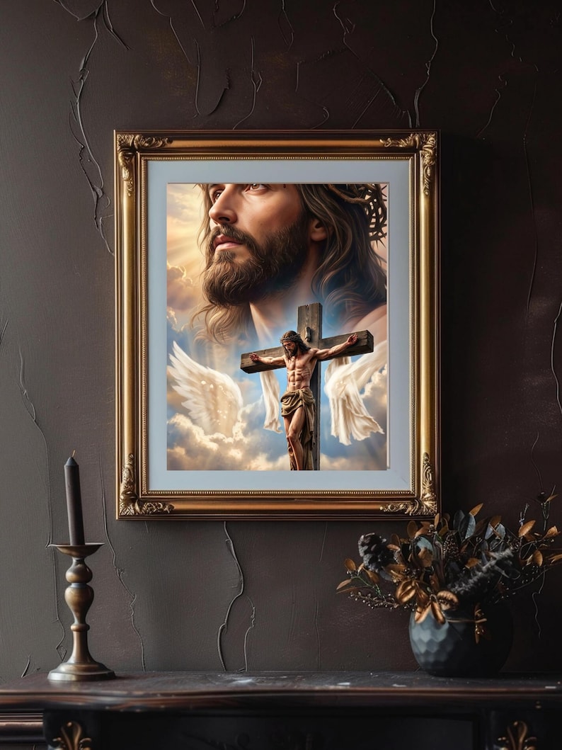 May include: A framed wall art print featuring a large, ethereal portrait of a bearded man with long hair and a crown of thorns, positioned above a smaller depiction of a figure on a wooden cross against a cloudy sky with white wings.