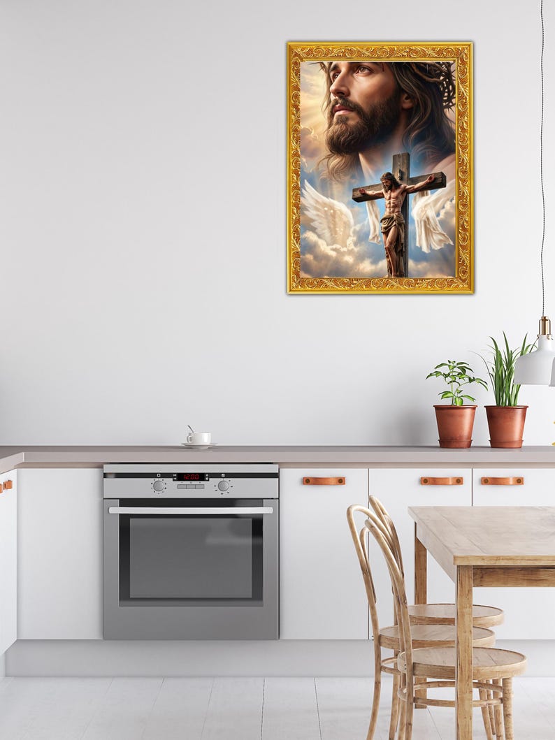 May include: A rectangular wall art piece featuring a portrait of Jesus Christ above a depiction of the crucifixion with white wings against a cloudy sky, all enclosed within an ornate, textured gold-colored frame with intricate carved details.