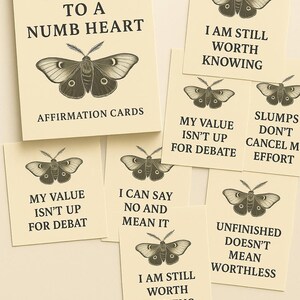 May include: A set of affirmation cards with a moth illustration. The cards have phrases like "I am still worth knowing" and "My value isn't up for debate." The set includes 50 cards for quiet days.