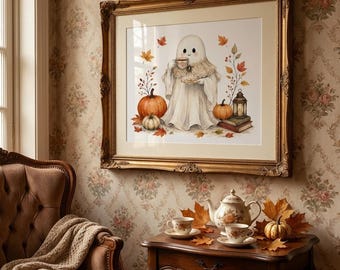 May include: A framed wall art print featuring a white ghost character holding a teacup, surrounded by orange pumpkins, autumn leaves, and a lantern. The illustration is set within an ornate gold frame, depicting a cosy autumn scene with books.