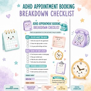 May include: A digital ADHD appointment booking breakdown checklist featuring pastel illustrations of a calendar, telephone, clock, and clipboard. The text includes steps for booking, provider details, and a beginner tip, all organized on a white background.