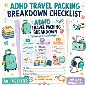 May include: A printable ADHD travel packing breakdown checklist featuring a teal suitcase, airplane, and toiletry bag illustrations. The document includes three numbered sections for trip planning, packing, and finishing, with text fields for trip details and a beginner tip.