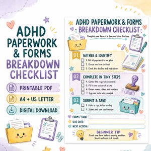 Elenco di controllo per la gestione di documenti e moduli per l'ADHD, agenda stampabile per la gestione della vita quotidiana, foglio di lavoro sulle funzioni esecutive, formato A4 US Letter.