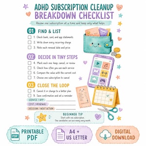 以下が含まれることがあります： ADHDサブスクリプション整理チェックリスト。笑顔の財布、スマートフォン、レシート、カレンダーの水彩イラストが描かれています。テキストには、定期的な請求を見つけ、リスト化し、決定し、ループを閉じるための手順が含まれています。PDF、A4、USレター、デジタルダウンロードのアイコン付き。