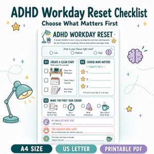 May include: A printable ADHD Workday Reset checklist document featuring sections for focus levels, task prioritisation, and small steps. The design includes teal, purple, and yellow icons of a desk lamp, brain, stars, and coffee mug with text in English.