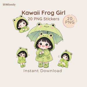 May include: Kawaii Frog Girl digital stickers. The image features four illustrations of a girl in a green frog costume. One is holding an umbrella, another is holding a drink, and the others are in different poses. The text "20 PNG Stickers" is included.
