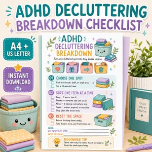 ADHD Decluttering Breakdown, Printable Declutter Checklist, Executive Function Planner, A4 US Letter