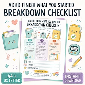 Lista di controllo per il completamento delle attività in caso di ADHD, pianificatore delle funzioni esecutive, riavvio dei progetti incompiuti (formato A4/US Letter)