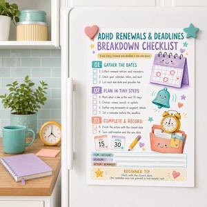 May include: A rectangular ADHD renewals and deadlines breakdown checklist printed on paper, featuring colorful illustrations of a calendar, bell, alarm clock, and file folder. The text includes steps for gathering dates, planning in tiny steps, and recording.