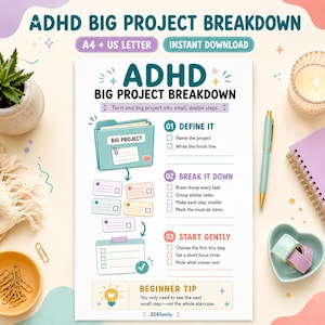 Puede incluir: Una hoja de planificación ADHD Big Project Breakdown con un icono de carpeta verde azulado, pasos numerados del 01 al 03 y casillas de verificación. El texto incluye 'ADHD BIG PROJECT BREAKDOWN', 'Turn one big project into small, doable steps' y una sección 'BEGINNER TIP' en la parte inferior.