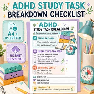 以下が含まれることがあります： ADHD学習タスク分解チェックリストには、目標の定義、小さなステップへの分割、穏やかな継続という3つの番号付きステップが含まれています。このドキュメントには、チェックボックス、笑顔の本やタイマーのイラスト、およびテキストが記載されています。