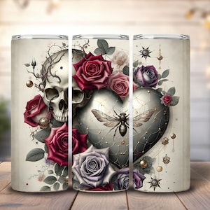Skull Roses Hearts Tumbler Wrap, Gothic Skull 20 oz Skinny Straight Sublimation Tumbler Design, Spooky Skeleton PNG Digital Download