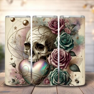 Skull Roses Hearts Tumbler Wrap, Gothic Skull 20 oz Skinny Straight Sublimation Tumbler Design, Spooky Skeleton PNG Digital Download