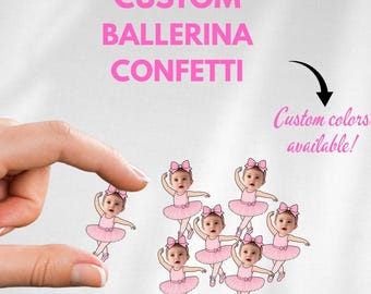May include: Custom ballerina confetti featuring small paper cutouts of a baby with a photo-realistic face wearing a pink tutu and a pink bow headband. The text CUSTOM BALLERINA CONFETTI and Custom colours available! are printed on the white background.