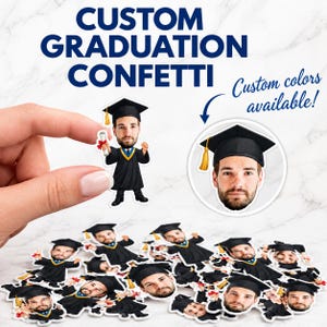 May include: Custom graduation confetti featuring a cartoon-style graduate in a black cap and gown holding a diploma, alongside circular cutouts of the graduate's face. The text reads CUSTOM GRADUATION CONFETTI and Custom colors available!