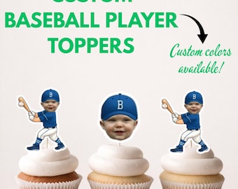 Custom Baseball Player Face Cupcake Toppers/Cake Topper - Personalized Party Decor