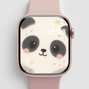 May include: A rose gold smartwatch with a pink band displays a panda bear face on the screen. The panda has black eyes and ears, pink cheeks, and a small black nose. The screen also shows the date and time.
