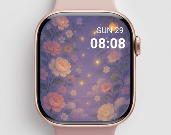 Apple-wijzerplaat met bloemen, wijzerplaat middernacht bloemen - paarse lucht met bloemen en vuurvliegjes, dromerig appelbehang