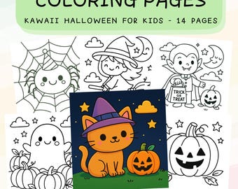May include: A digital download of Halloween-themed coloring pages for kids. The image features various kawaii-style illustrations, including a spider, witch, vampire, ghost, cat, and jack-o'-lanterns. The text reads "COLORING PAGES" and "KAWAII HALLOWEEN FOR KIDS - 14 PAGES."