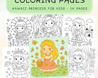 Pagine da colorare kawaii per bambini - 14 adorabili abiti da principessa / Pagine da colorare stampabili in PDF / Pagine di attività per ragazze da scaricare digitalmente