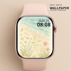 May include: A pale pink Apple Watch featuring a beach-themed wallpaper. The watch face shows a watercolour scene of a sandy shore, ocean waves, and floral accents. The time is 08:08, and the date is Sunday, the 29th. The text "APPLE WATCH WALLPAPER INSTANT DOWNLOAD" is displayed.